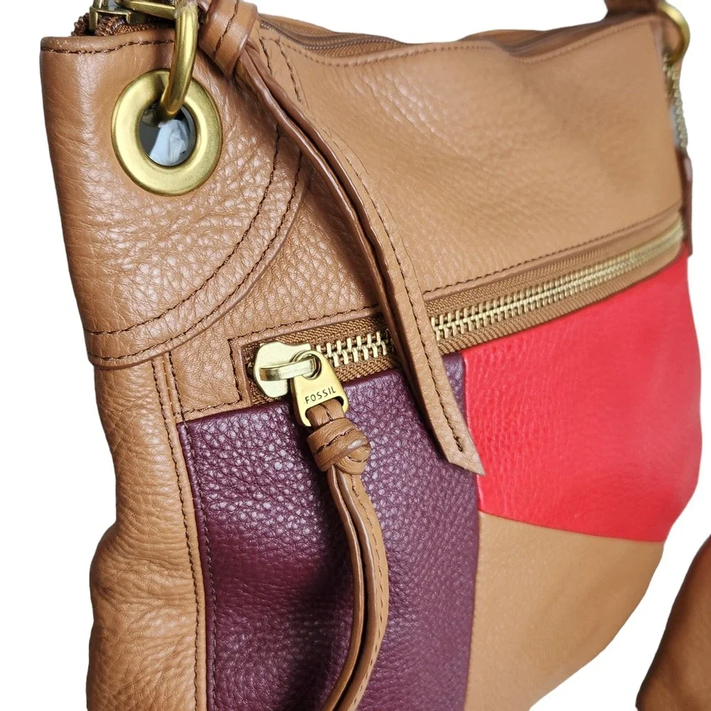 Fossil Karli Luxury Leather Hobo Bag Handbag Color Block & Matching Pouch EUC
